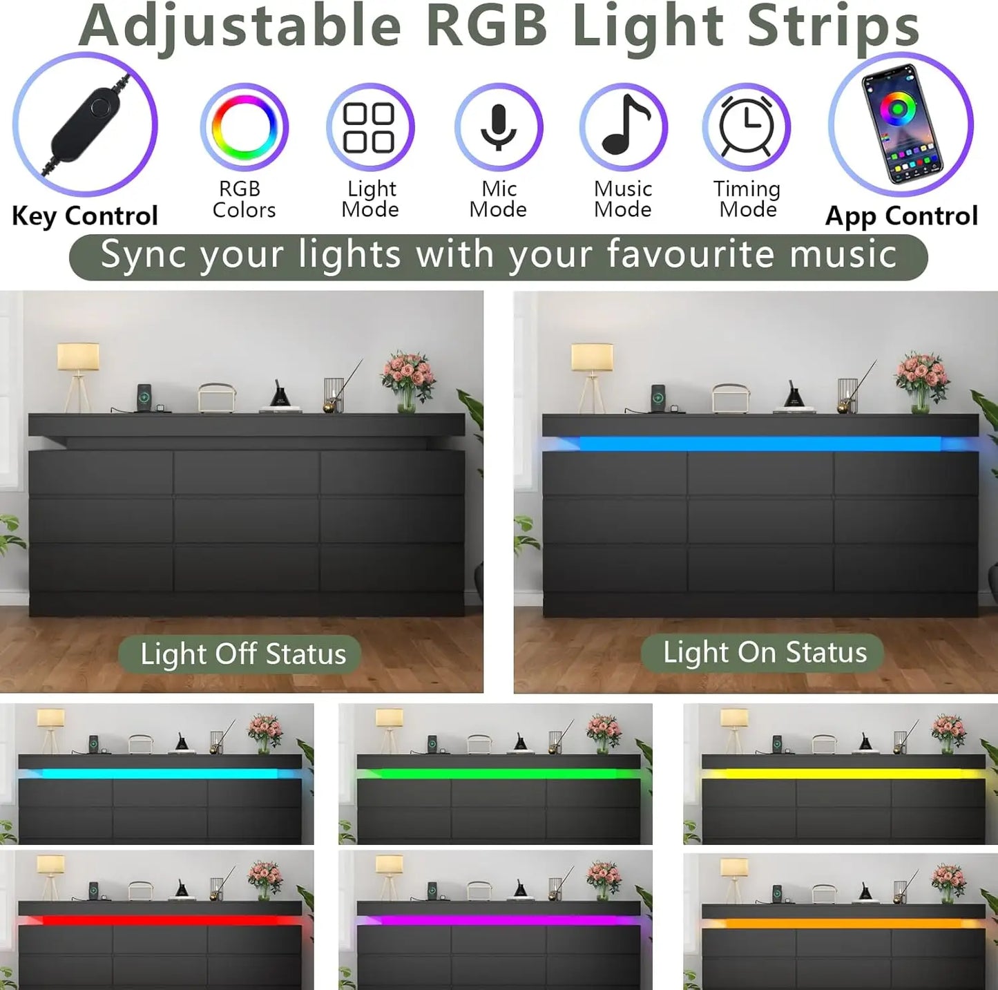 XMSJ 9-Drawer Dresser With Power Outlet And LED Light