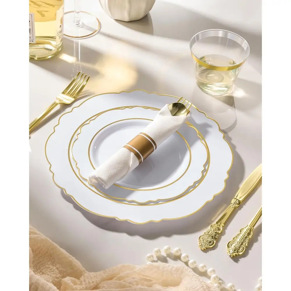 Elegant White Gold Plastic Dinnerware Set for 350 Guests or Baroque Disposable Partyware with 100 Plates, 50 Napkins, Silverware