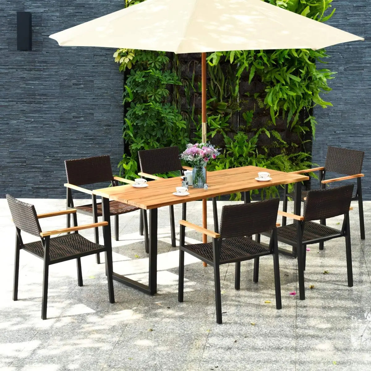 Outdoor Dining Set With Acacia Wood Table And Rattan Chairs