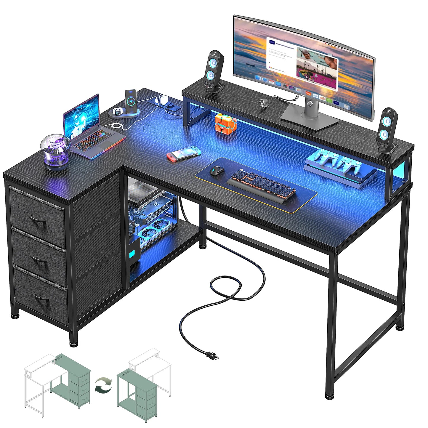 EnHomee L Shaped Computer Desk With LED Lights USB Outlet