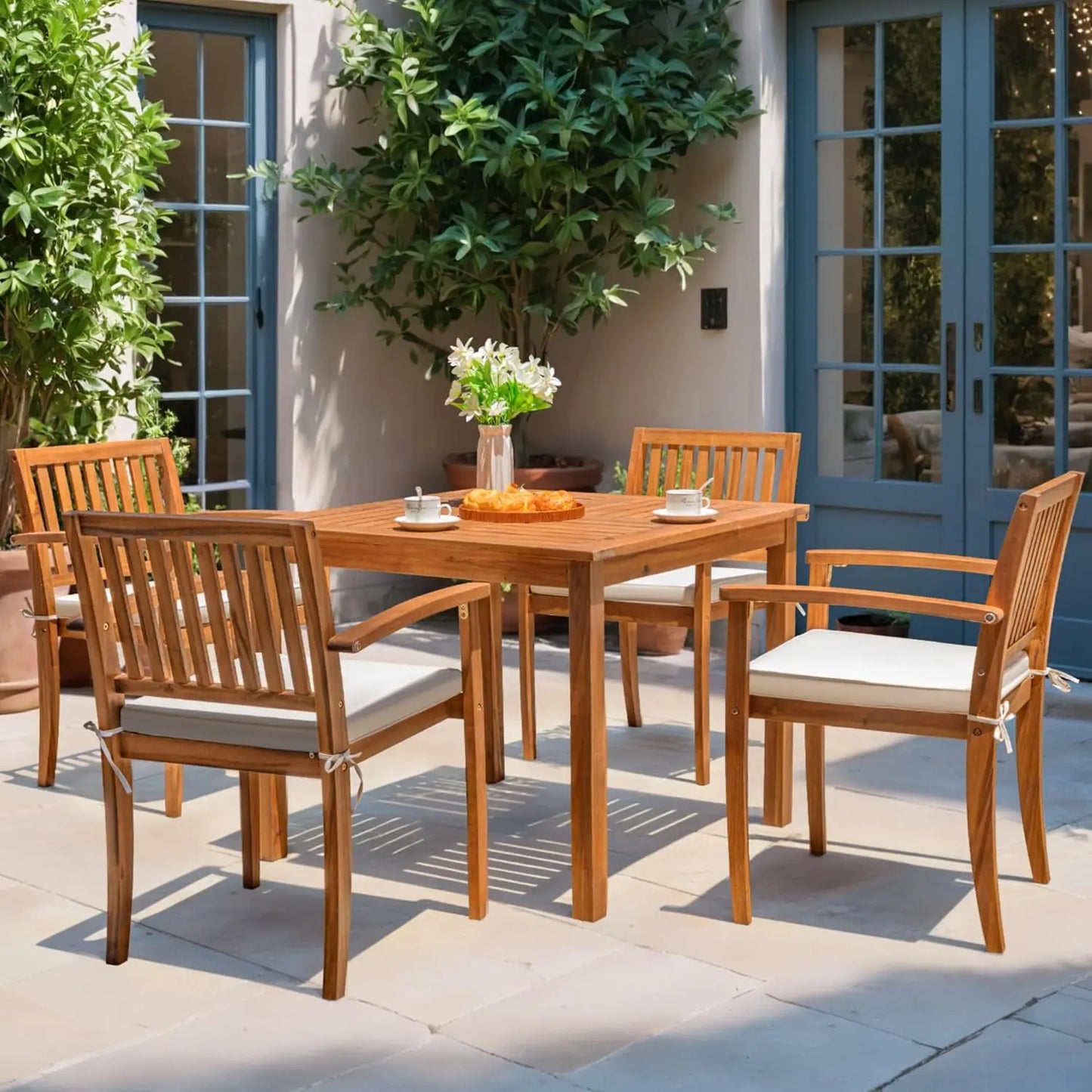 Acacia Wood Outdoor Dining Set Five Piece Cushioned Chairs