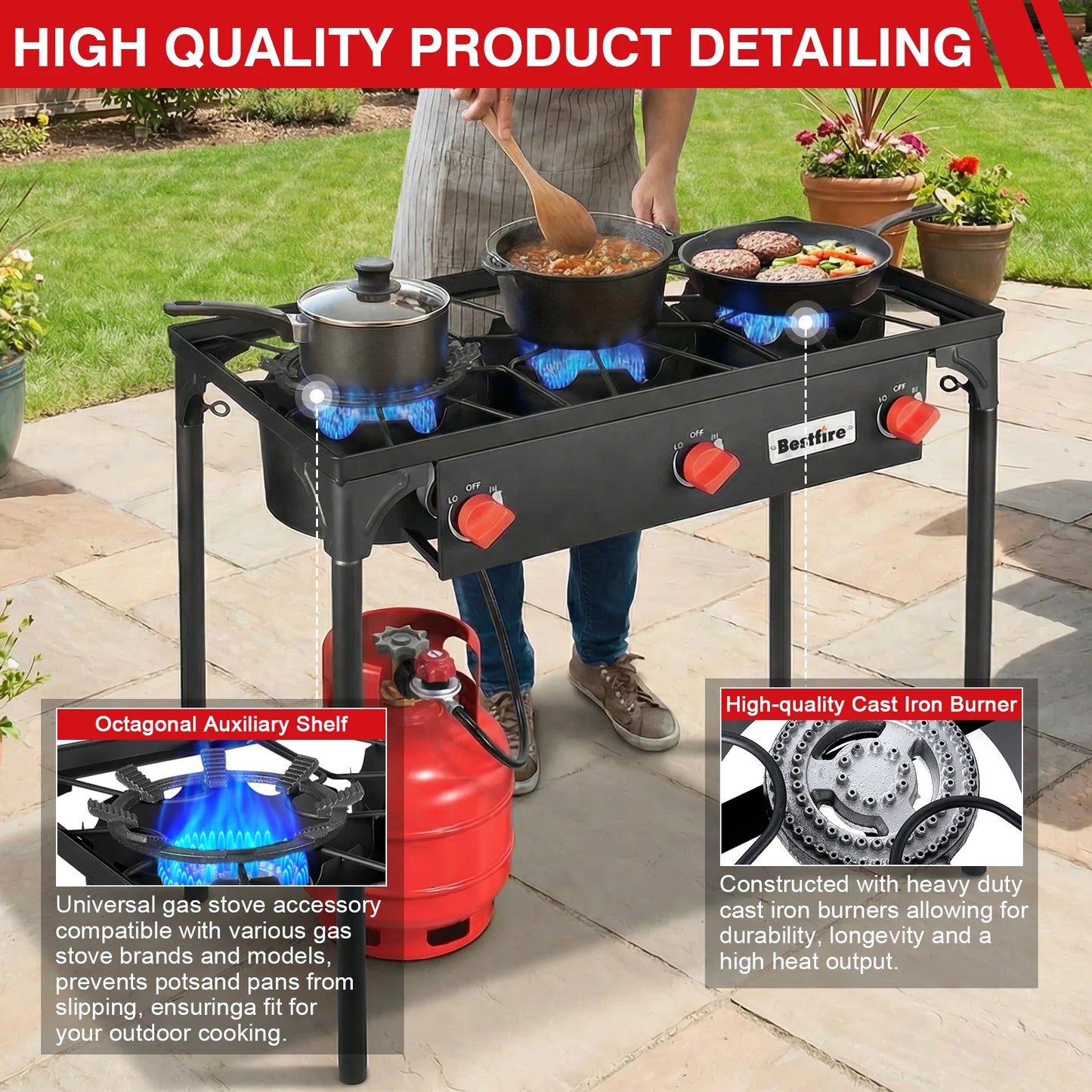 3 Burner Propane Camping Stove High Power Outdoor Gas Burner Cooker with Removable Legs Adjustable Regulator for BBQ Catering