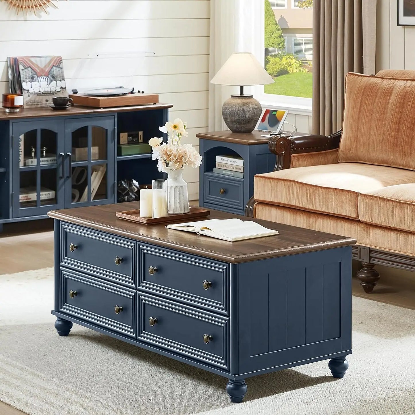 HUANZHUANG Farmhouse Coffee Table With Hidden Storage And 4 Drawers Solid Wood