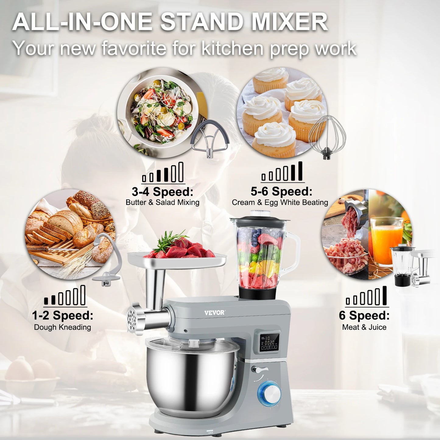 VEVOR 5-In-1 Stand Mixer LCD Timer Stainless Bowl Premium