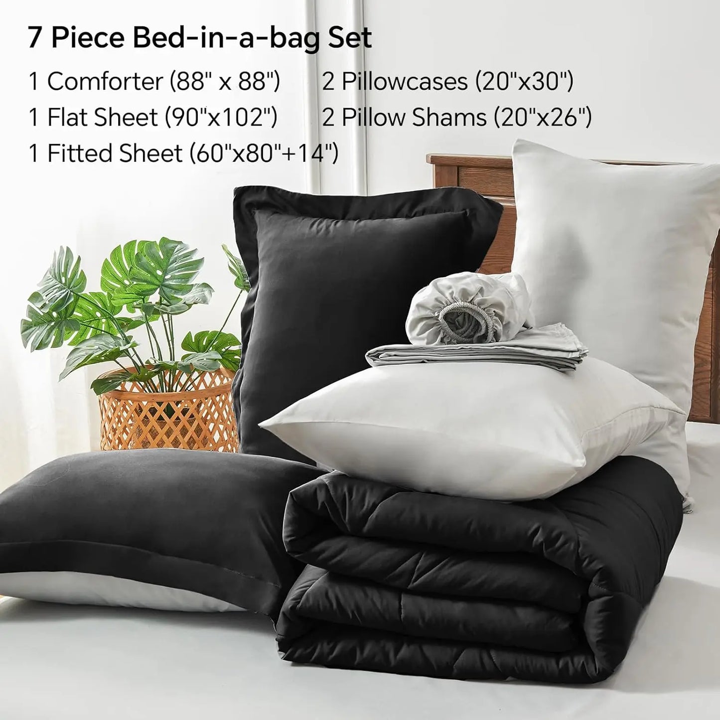 Queen Comforter Set 7 Pieces Bed in a Bag - Soft Microfiber Reversible Black Bedding for All Seasons