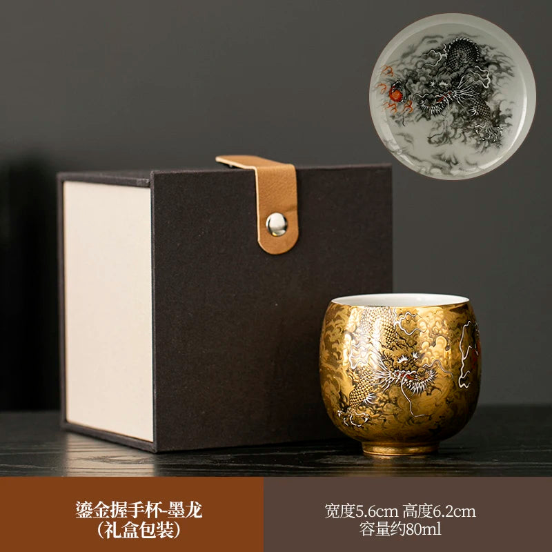 Pure gold teacup dragon and phoenix pair cup master cup personal special gilt kung fu tea set merchandise Guochao