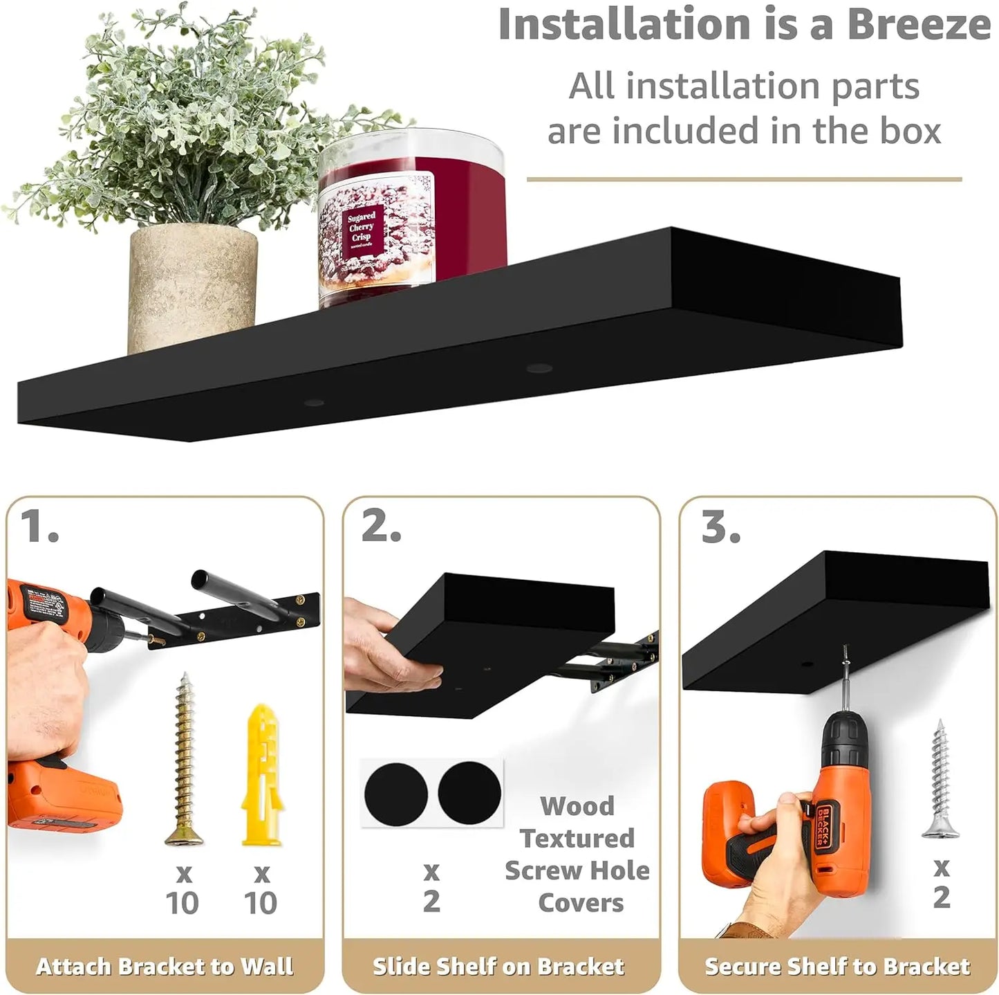 Floating Shelves for Wall - 24 Inch Bathroom, Bedroom & Kitchen Storage with Invisible Brackets (Black, 2 Pack)