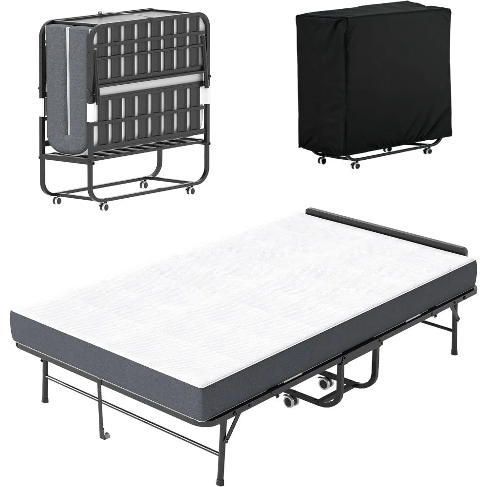 RBXC Folding Bed With Mattress Rollaway Headboard Sturdy Metal Frame