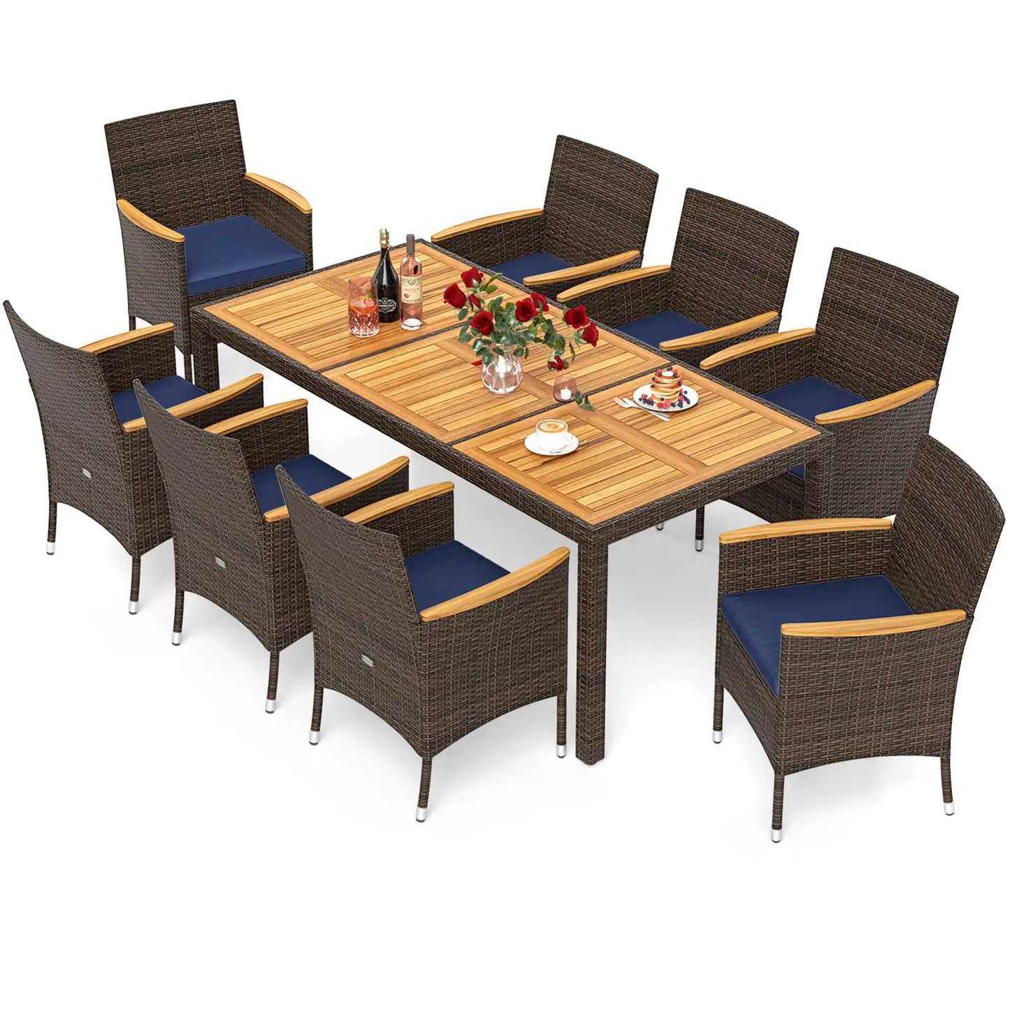 Rattan Outdoor Dining Set 9 Pieces With Cushioned Wicker Chairs
