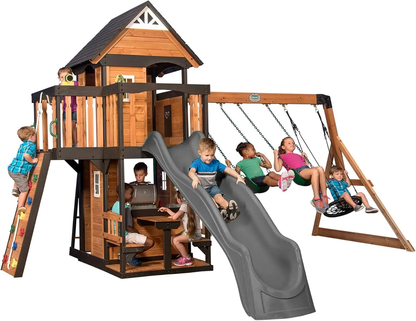 Cedar Wood Swing Set With Wave Slide and Play Kitchen