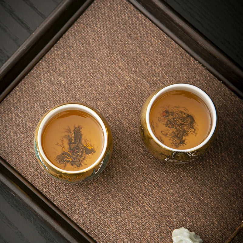 Pure gold teacup dragon and phoenix pair cup master cup personal special gilt kung fu tea set merchandise Guochao