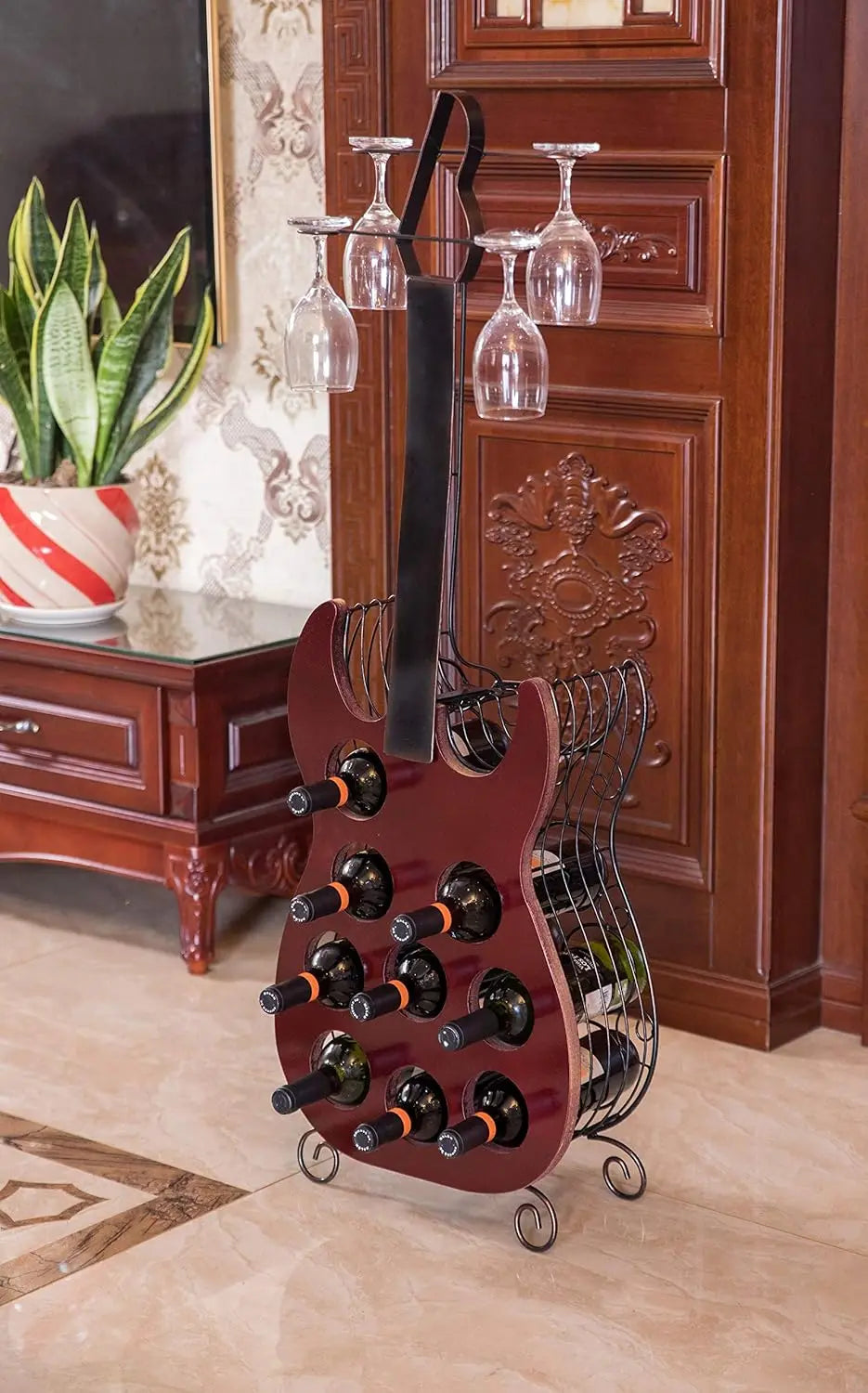 Vintage Guitar Shaped Wine Rack Holds 9 Bottles Wood and Metal
