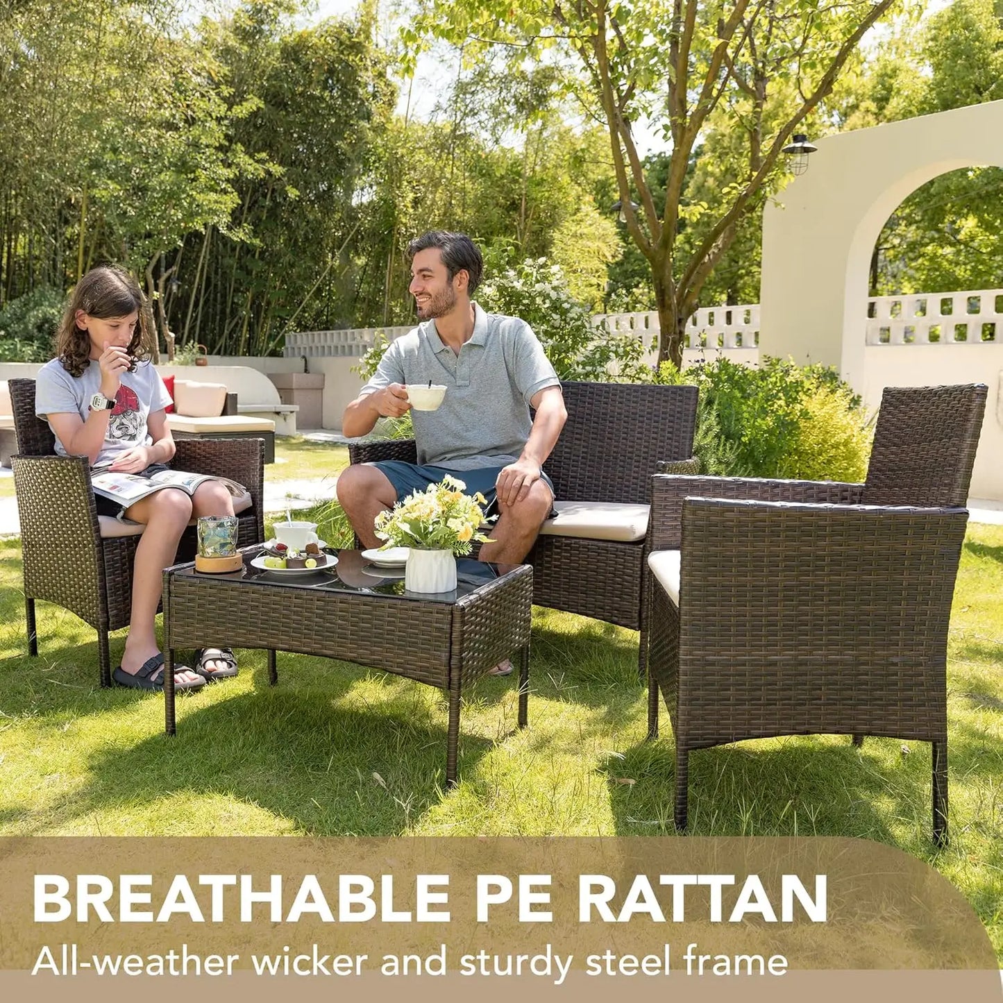 Outdoor Patio Furniture Set Rattan Wicker 4-Piece Durable