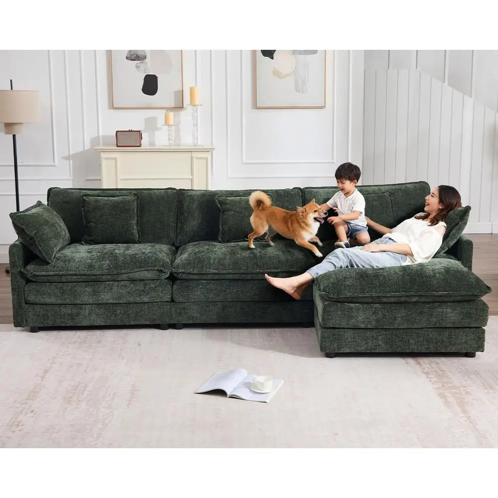 Chenille Cloud Couch With Movable Ottoman L Shaped Sectional Sofa