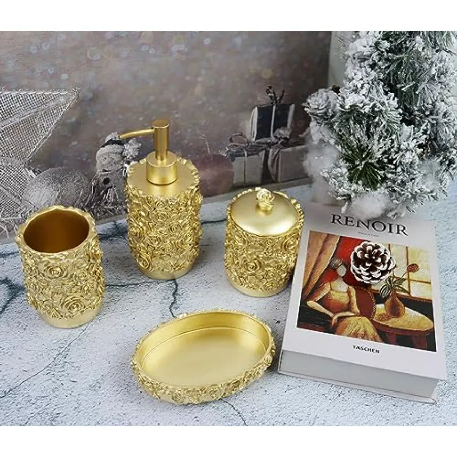 Rose Design Resin Bathroom Accessories Set Four Piece Farmhouse Style
