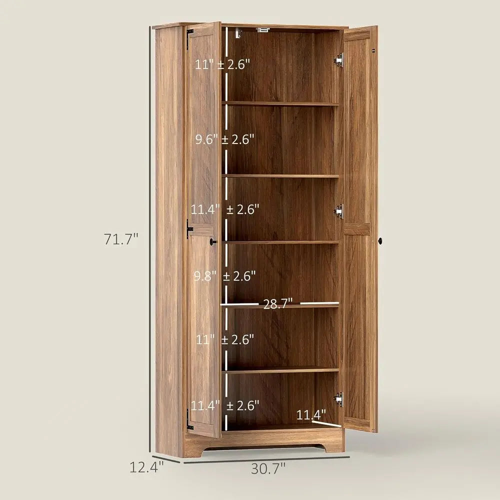 72" armhouse Pantry Cabinet, reestanding Tall Kitchen Pantry Storage Cabinet with Adjustable Shelves and Reced Do, Brown