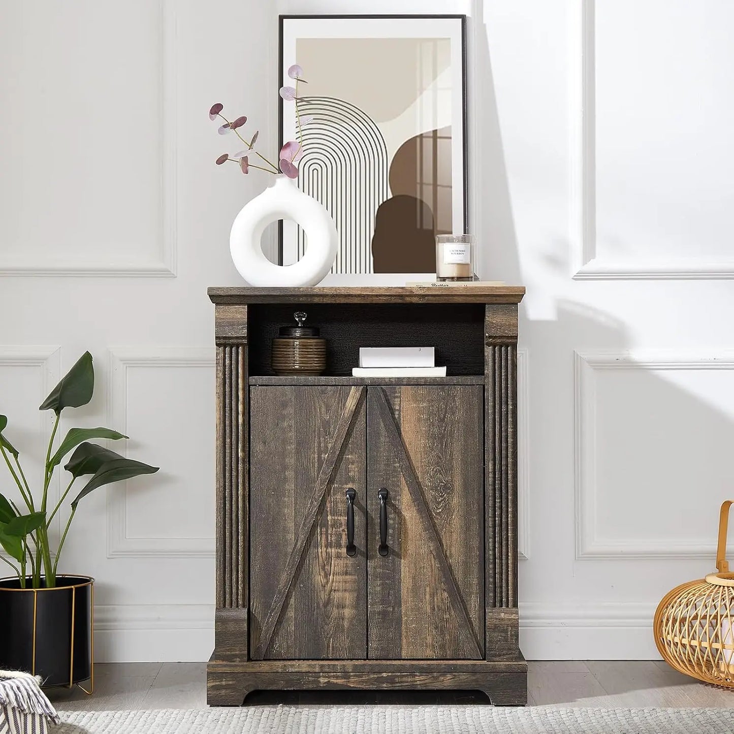 Wooden Storage Cabinet With Oak Barn Door And Shelf