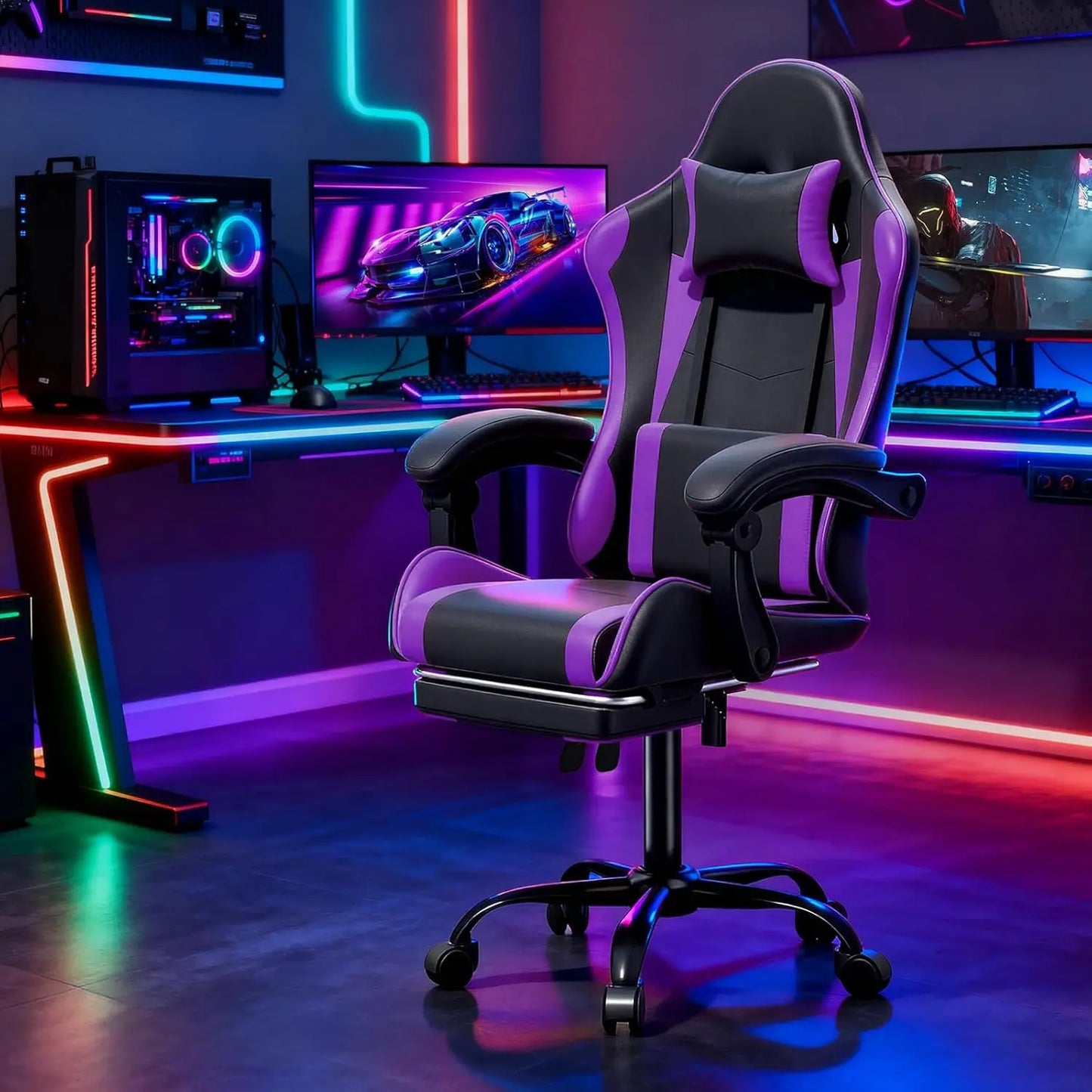 Ergonomic Gaming Chair With Height Adjustable Headrest And Footrest