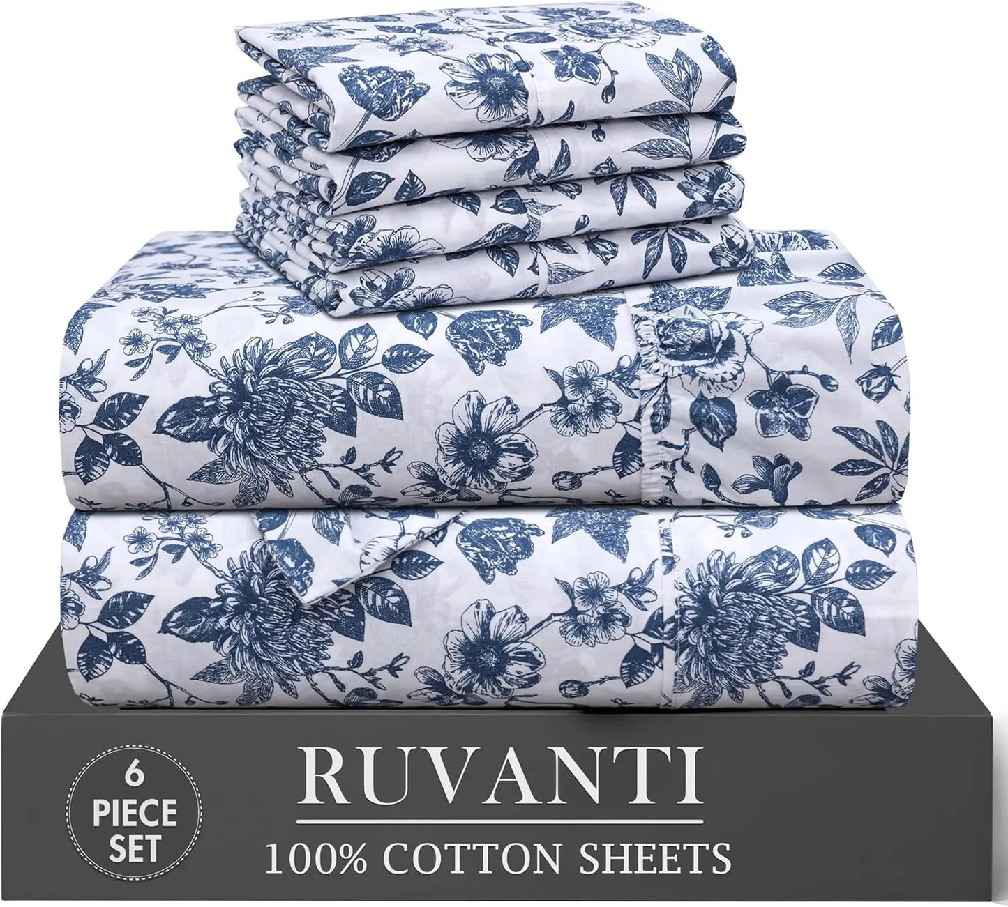 6-Piece Cotton Sheets Set - 100% Natural, Soft, Lightweight & Breathable Percale Bedding for Queen Size with Deep Pockets