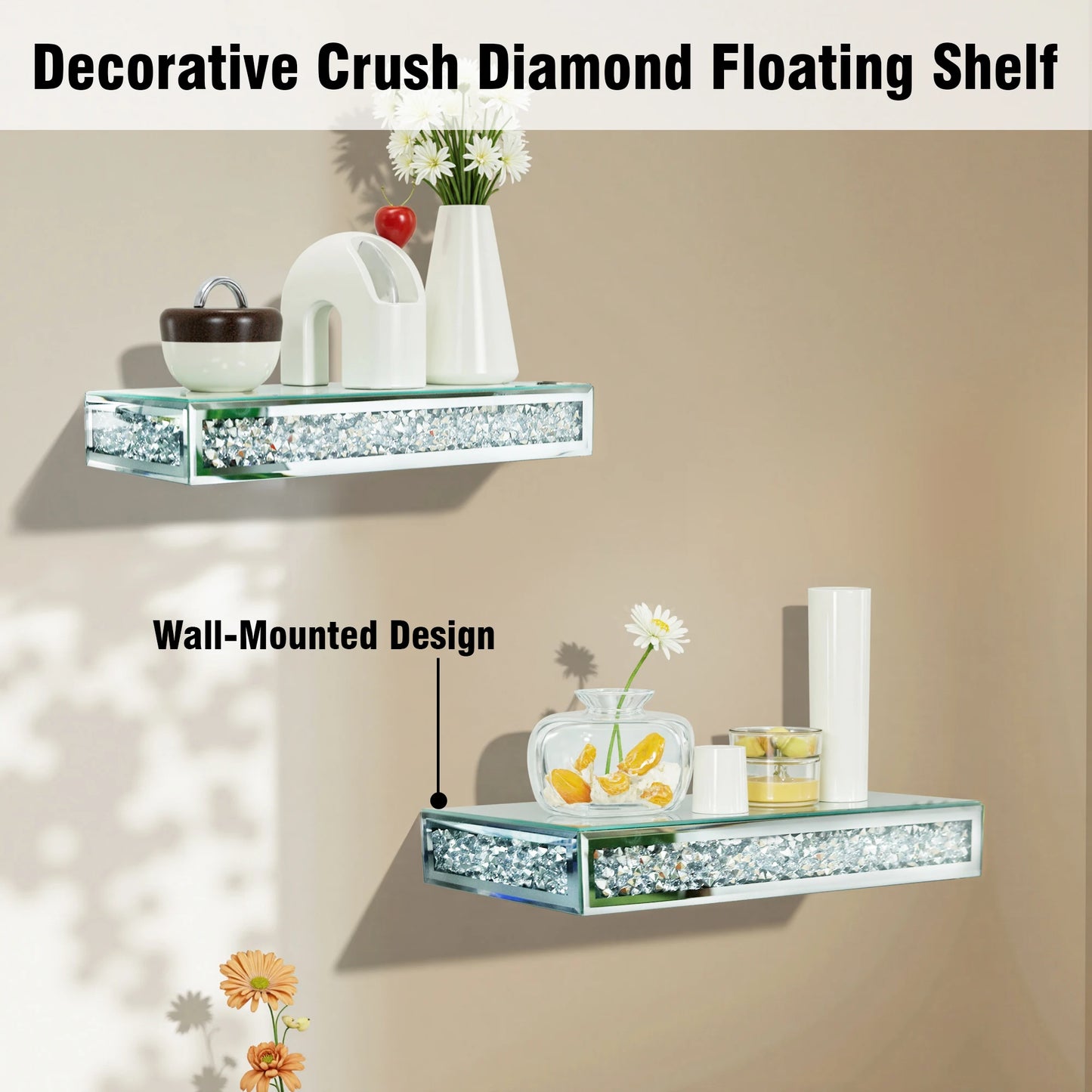 Crushed Diamond Wall Mounted Floating Shelf Mirrored Display Home Decor