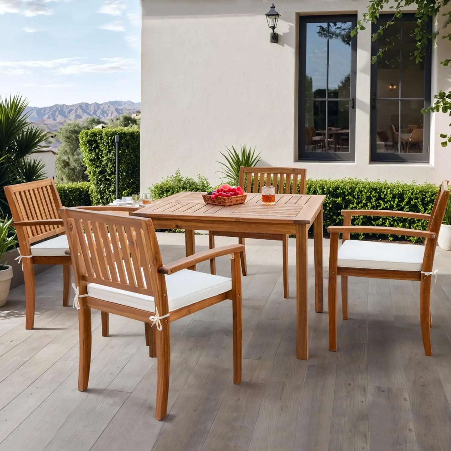 Acacia Wood Outdoor Dining Set Five Piece Cushioned Chairs