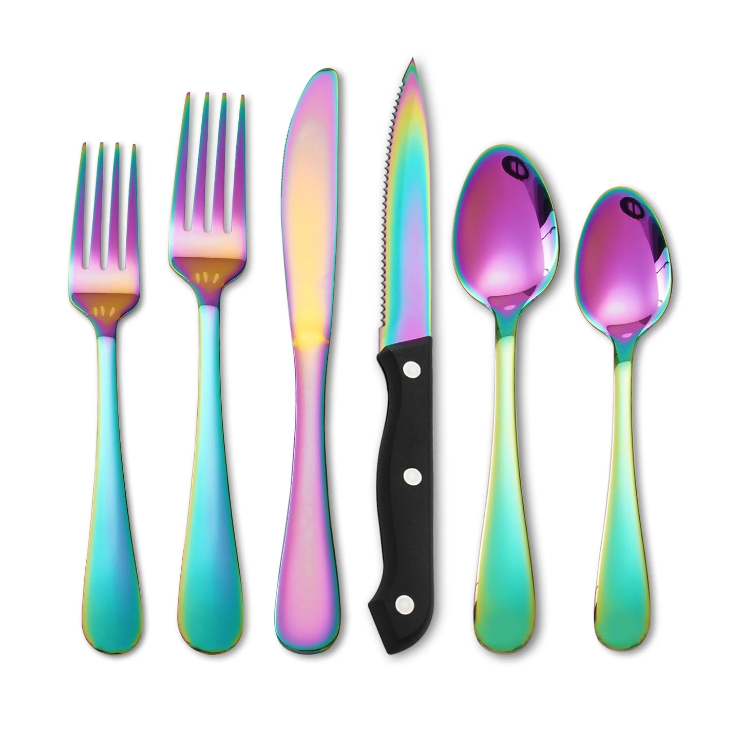 KOOMADE 24Pcs Rainbow Iridescent Titanium Plated Stainless Steel Flatware Set Service for 4, Silverware With Steak Knives Forks Spoons Dishwasher Safe for Home Wedding Gift