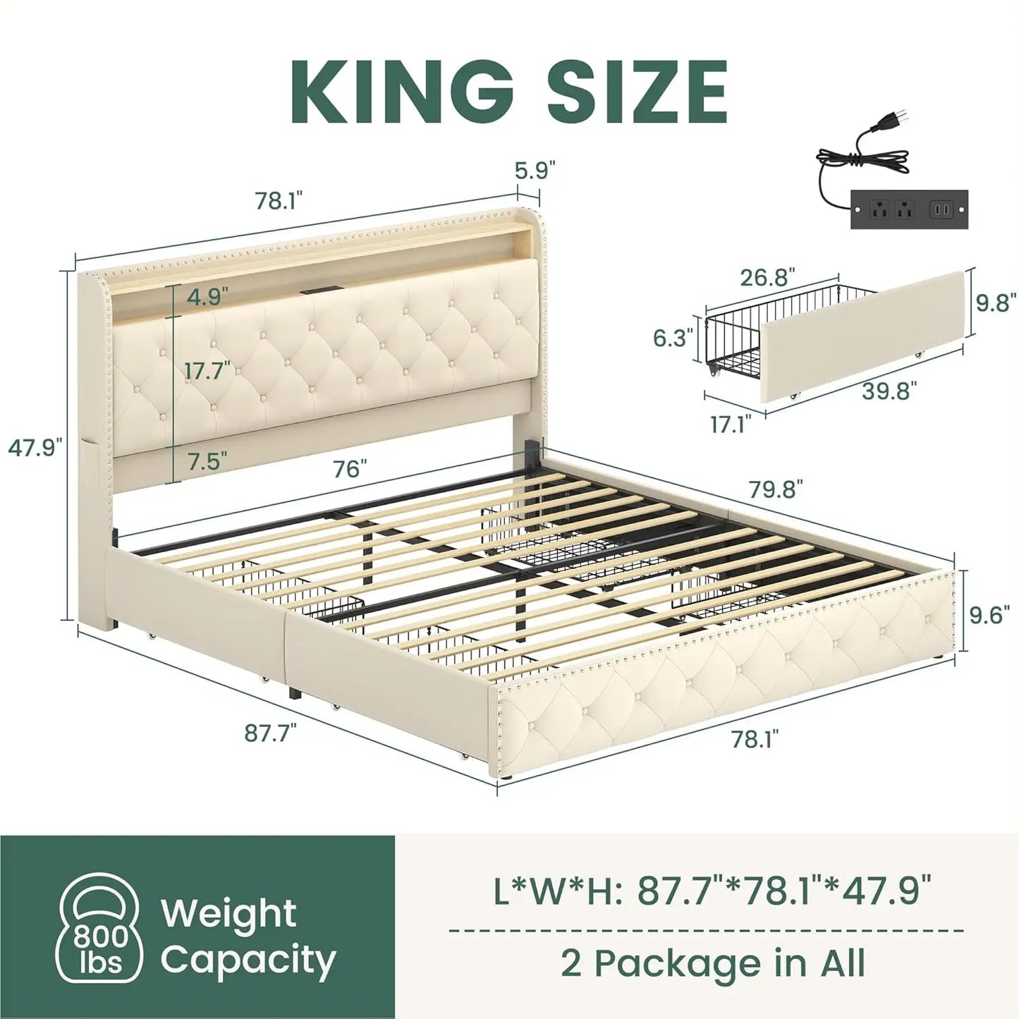 Platform Upholstered Tufted Bed Frame With 4 Storage Drawers And USB