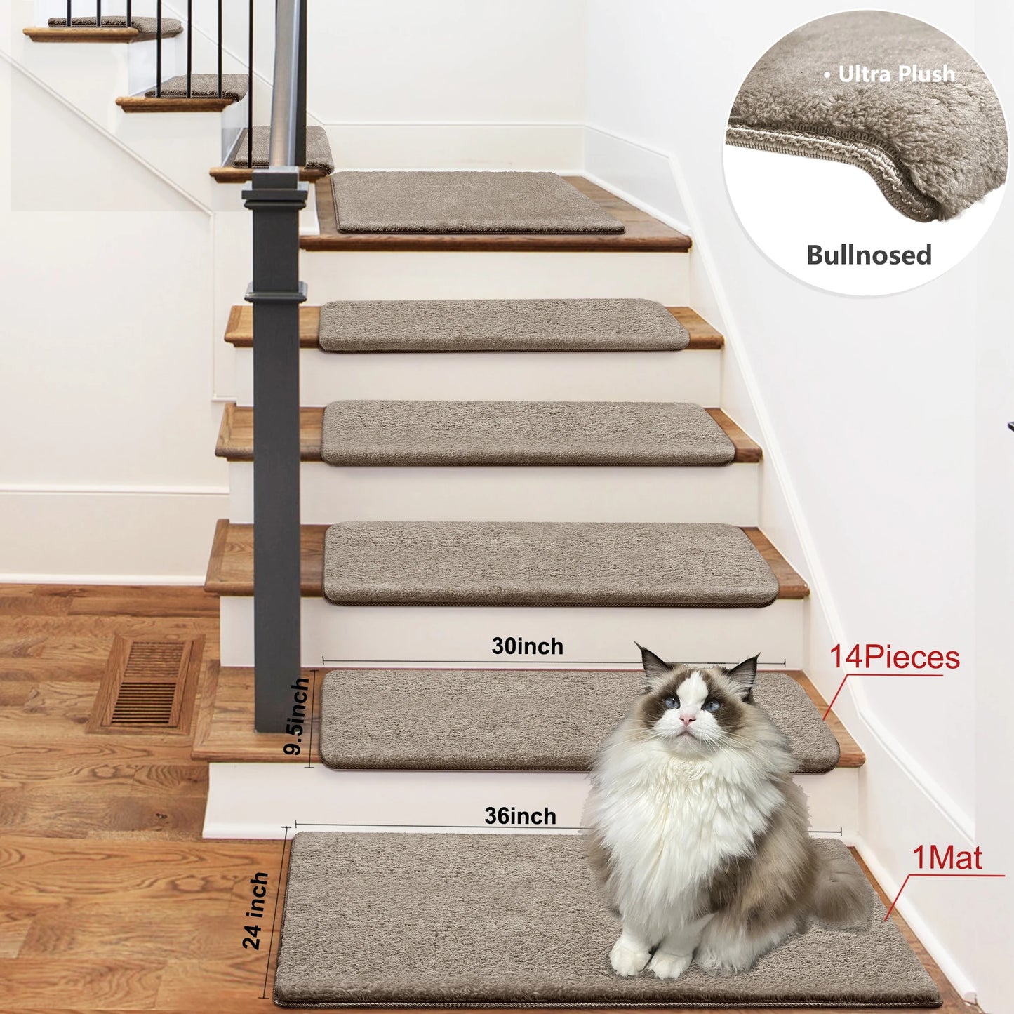 Bullnose Non Slip Stair Treads Plush Washable Self Adhesive Mats