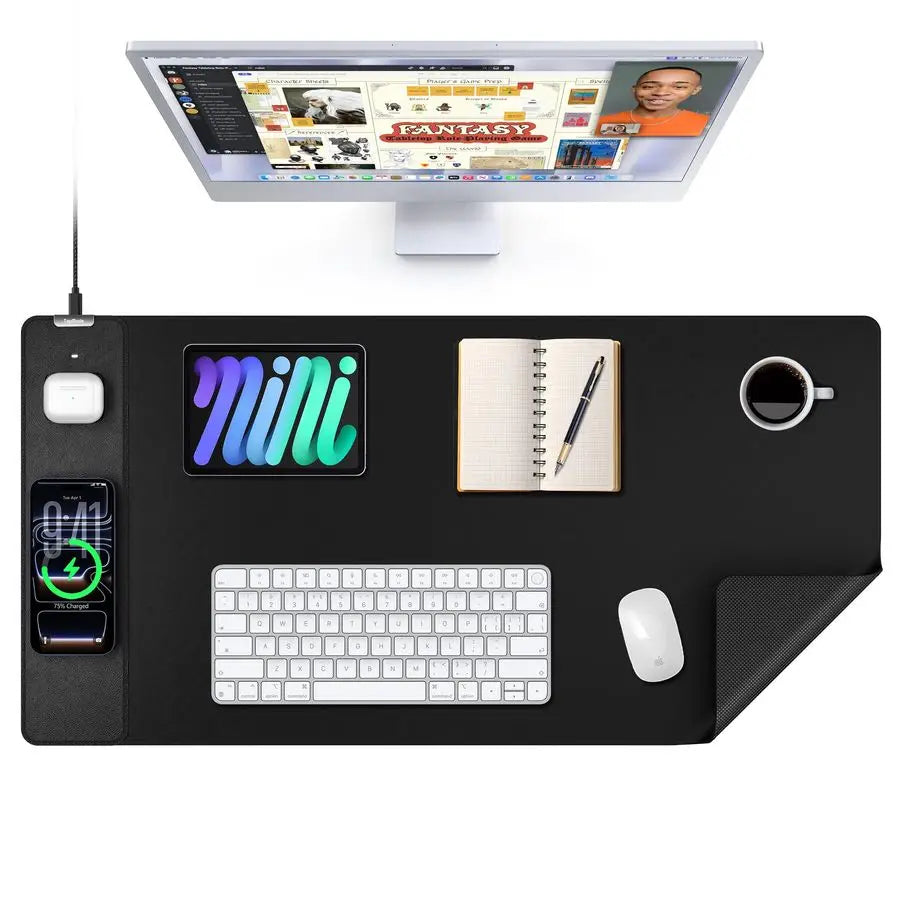 Leather Desk Mat With 15W Wireless Charging Waterproof Mouse Pad