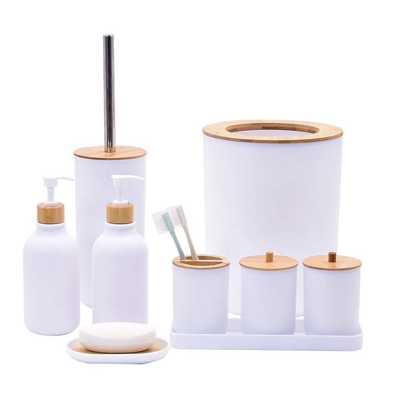 Bathroom Accessories Set 9 Piece Dispenser Toothbrush Holder Trash Can