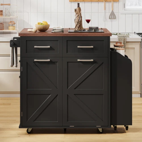 47.2 "Farmhouse Kitchen Island, Kitchen Storage Island with Removable Side Shelves, Two Drawers, Towel Rack, Black
