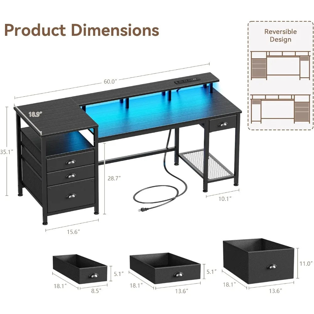 Computer Desk With 4 Drawers And Printer Space LED USB