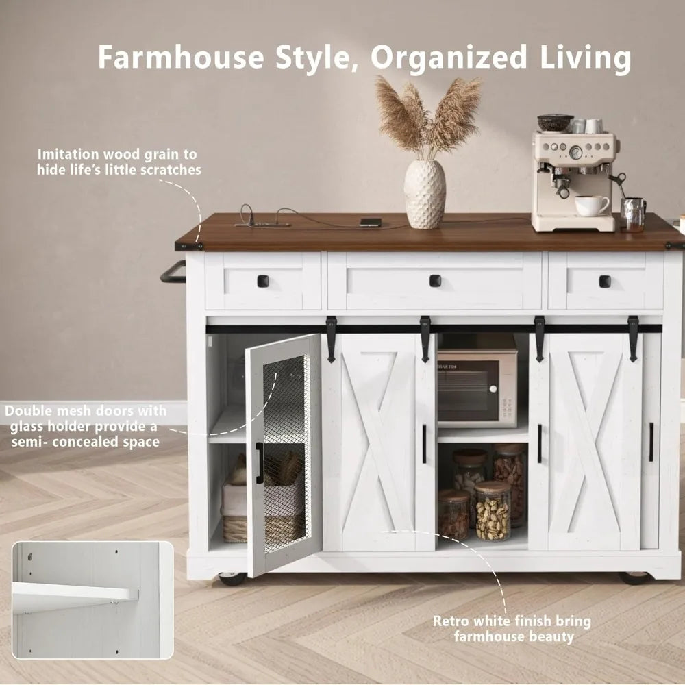 Farmhouse Kitchen Island Cart on Wheels with Drop Leaf & Power Outlet, Sliding Barn Door Storage Cabinet Breakfast Bar