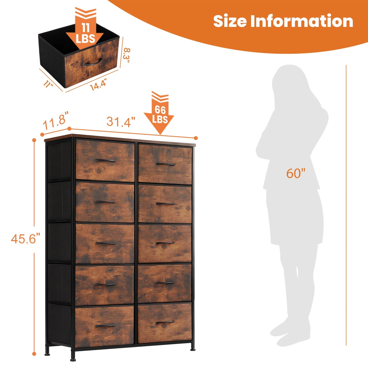 JHK Bedside Table With 10 Fabric Drawers And Steel Frame