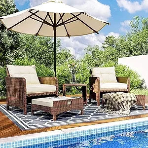 5-Piece Rattan Patio Furniture Set With Ottomans And Coffee Table