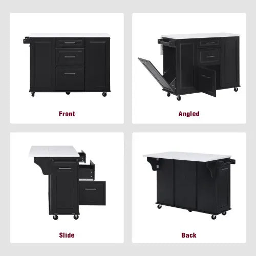 50.7in kitchen island with storage tilt bin cabinet and pull-out cabinet,5-wheel rolling kitchen island with fallen leaves,black
