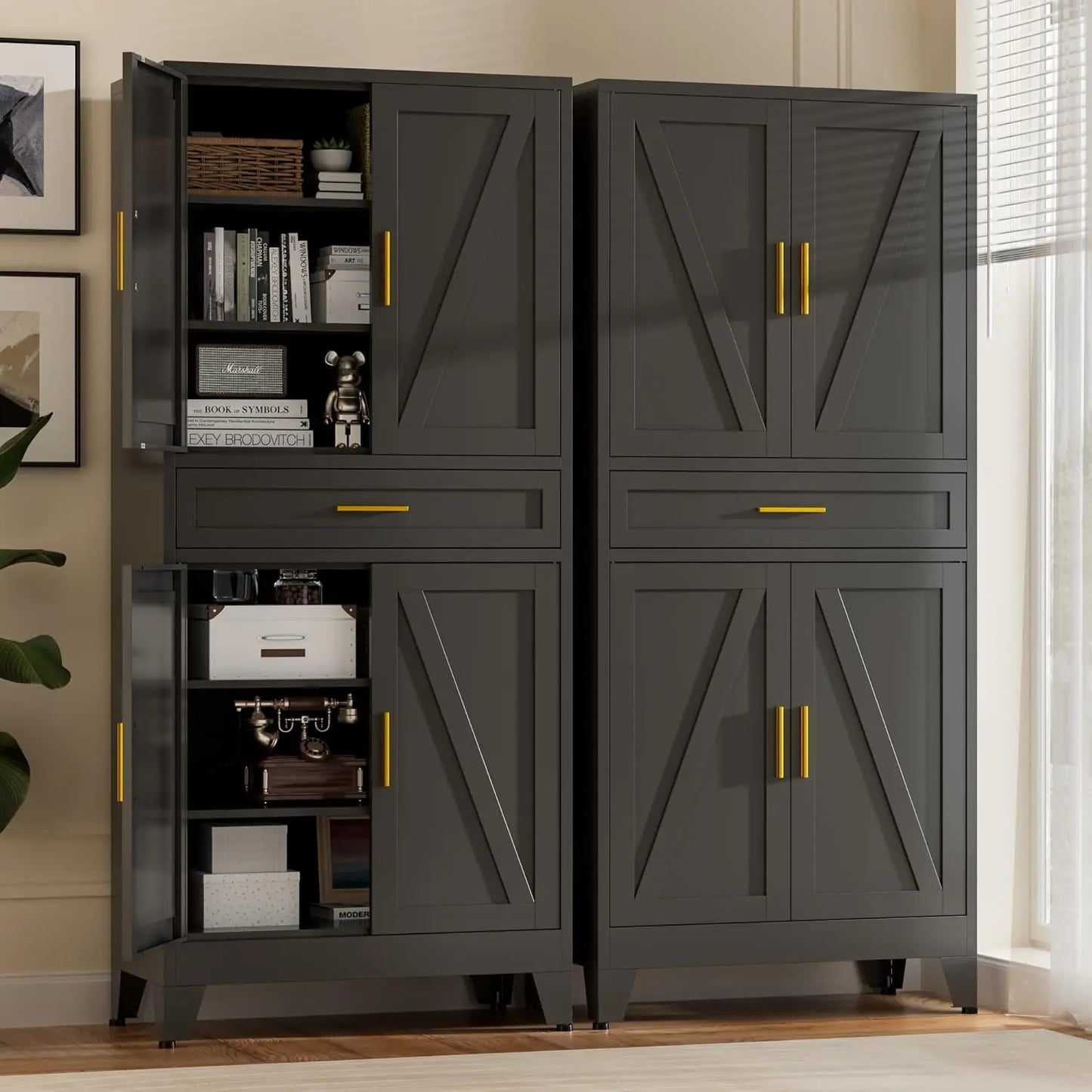 Farmhouse Metal Storage Cabinet With Drawers And Adjustable Shelves