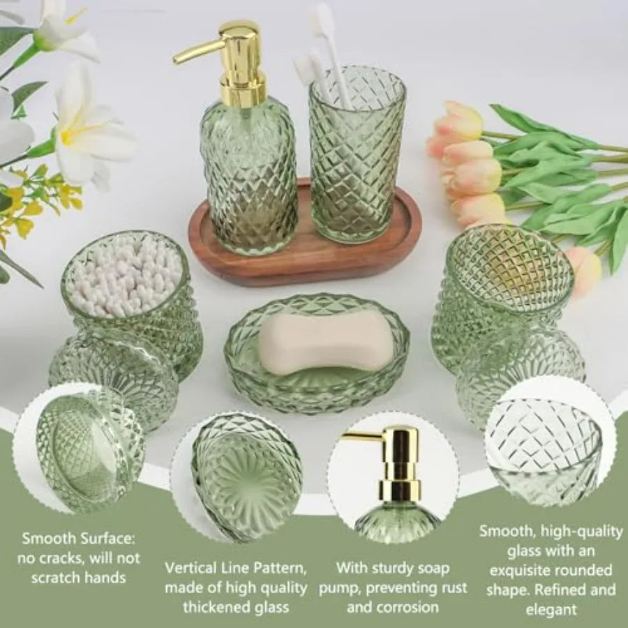 Glass Bathroom Accessories Set With Toothbrush Holder And Soap Dispenser