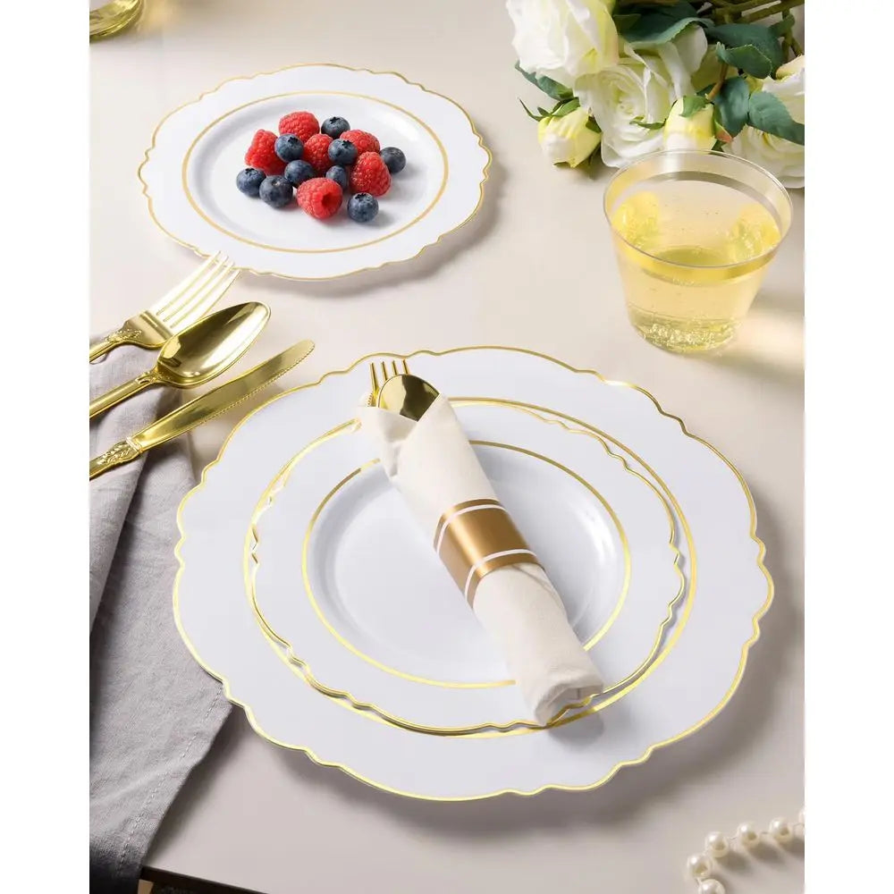 Elegant White Gold Plastic Dinnerware Set for 350 Guests or Baroque Disposable Partyware with 100 Plates, 50 Napkins, Silverware