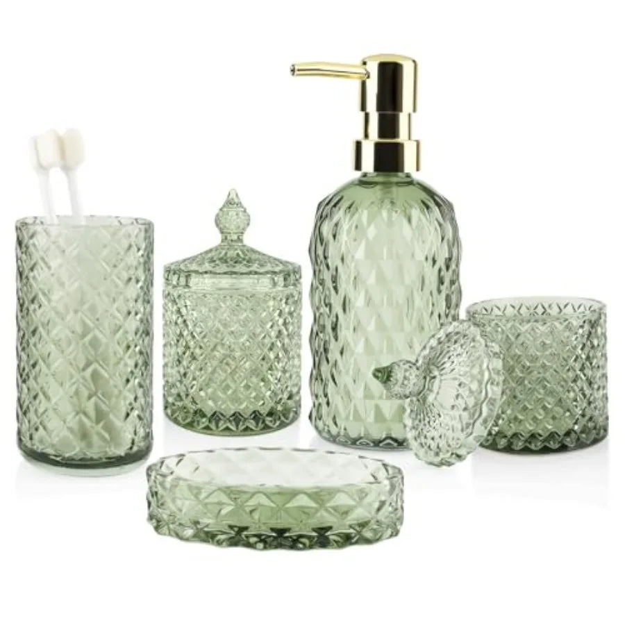 Glass Bathroom Accessories Set With Toothbrush Holder And Soap Dispenser