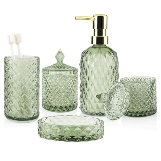 Glass Bathroom Accessories Set With Toothbrush Holder And Soap Dispenser