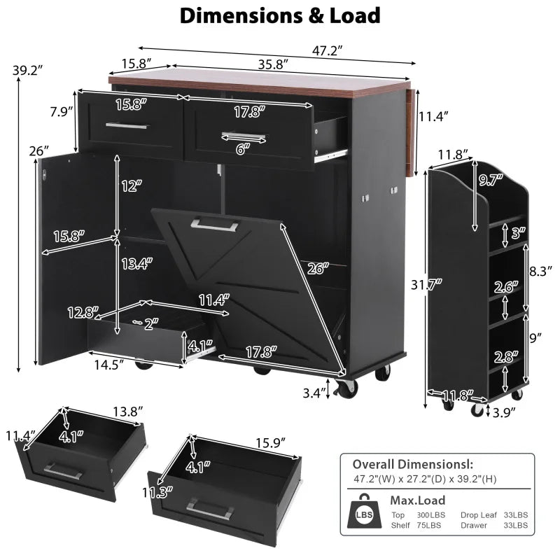 47.2 "Farmhouse Kitchen Island, Kitchen Storage Island with Removable Side Shelves, Two Drawers, Towel Rack, Black