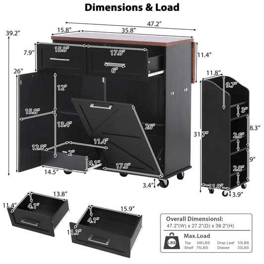 47.2 "Farmhouse Kitchen Island, Kitchen Storage Island with Removable Side Shelves, Two Drawers, Towel Rack, Black