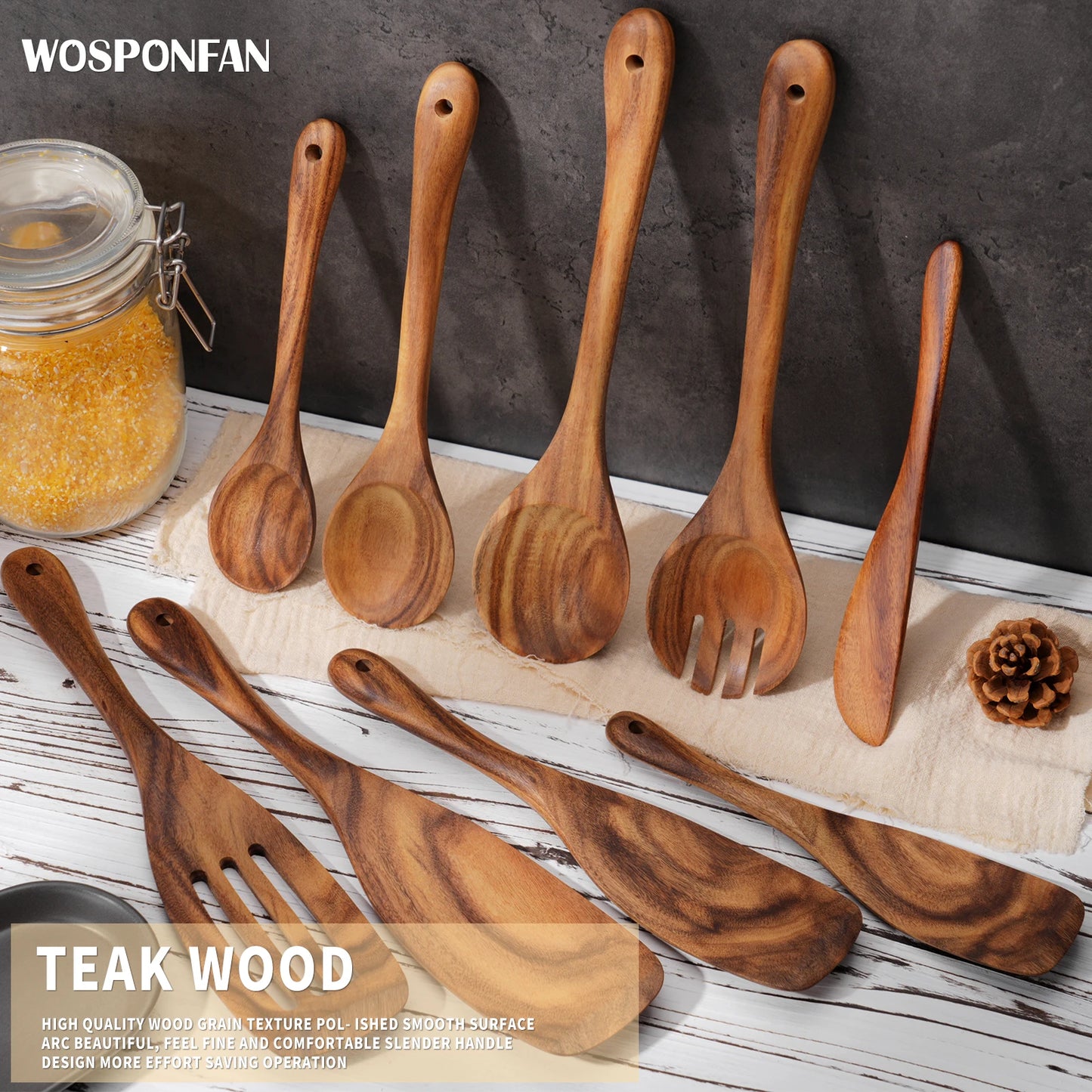 NONED 9 Piece Wooden Kitchen Utensils Set With Spoons