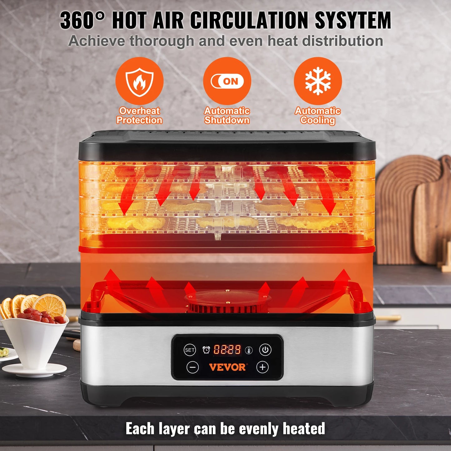 VEVOR 5 Tray Food Dehydrator Machine 300W Stainless Steel
