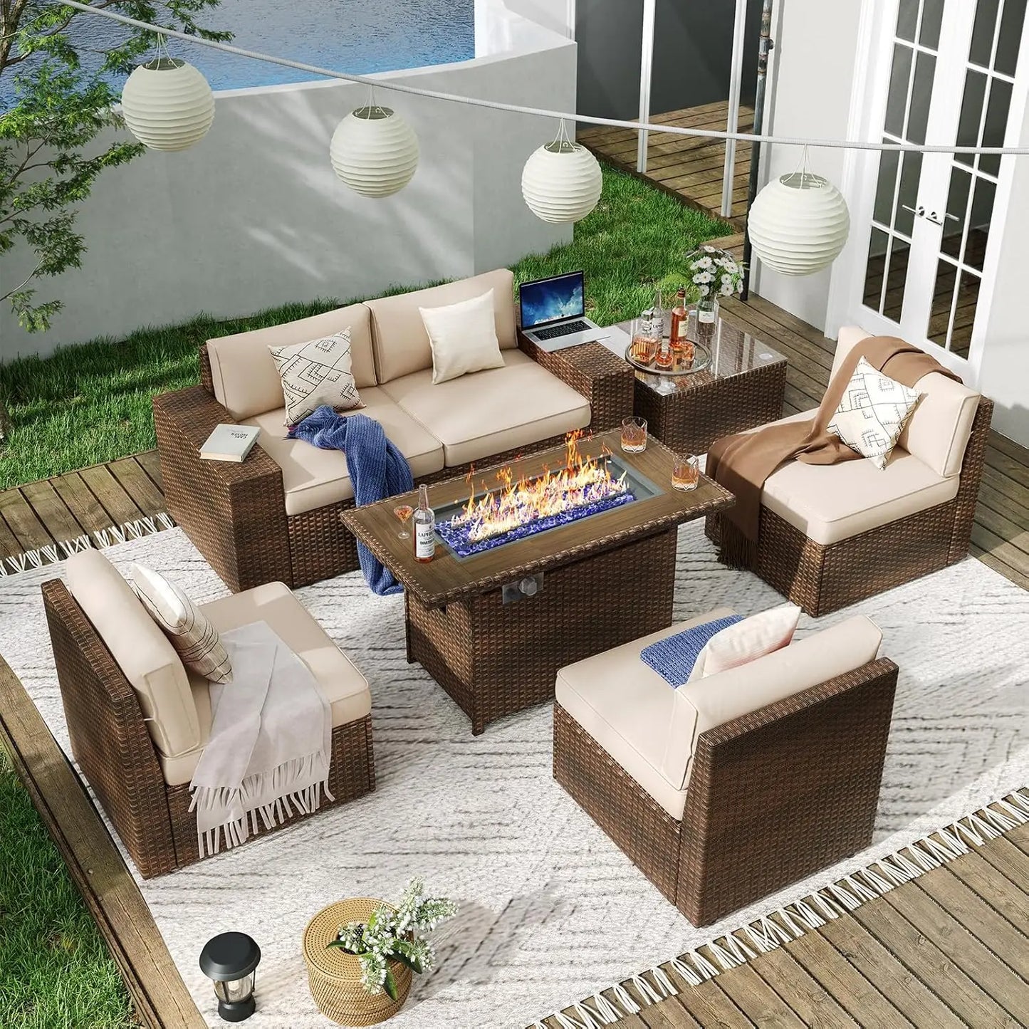 Outdoor 7 Piece Patio Furniture Set With Fire Pit Table And Cushions