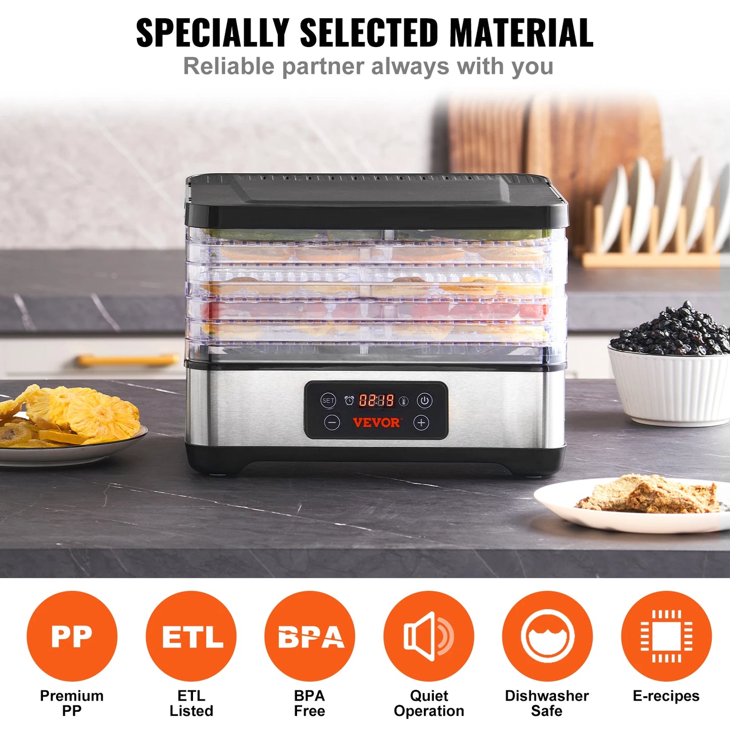 VEVOR 5 Tray Food Dehydrator Machine 300W Stainless Steel