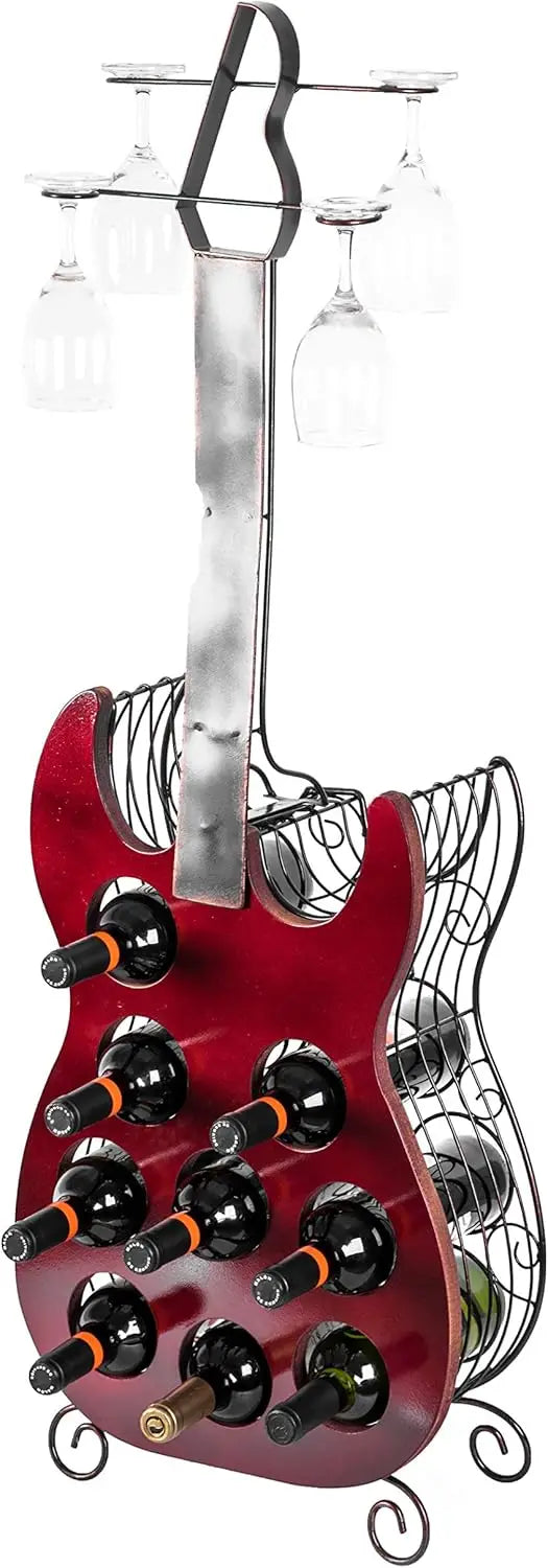 Vintage Guitar Shaped Wine Rack Holds 9 Bottles Wood and Metal
