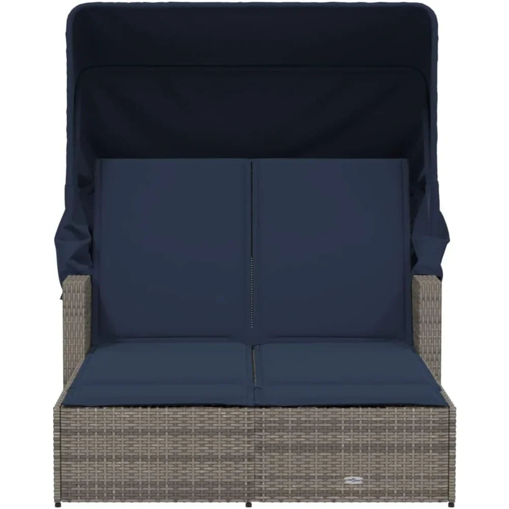 Outdoor Wicker Sun Lounger With Folding Canopy For Patio Garden