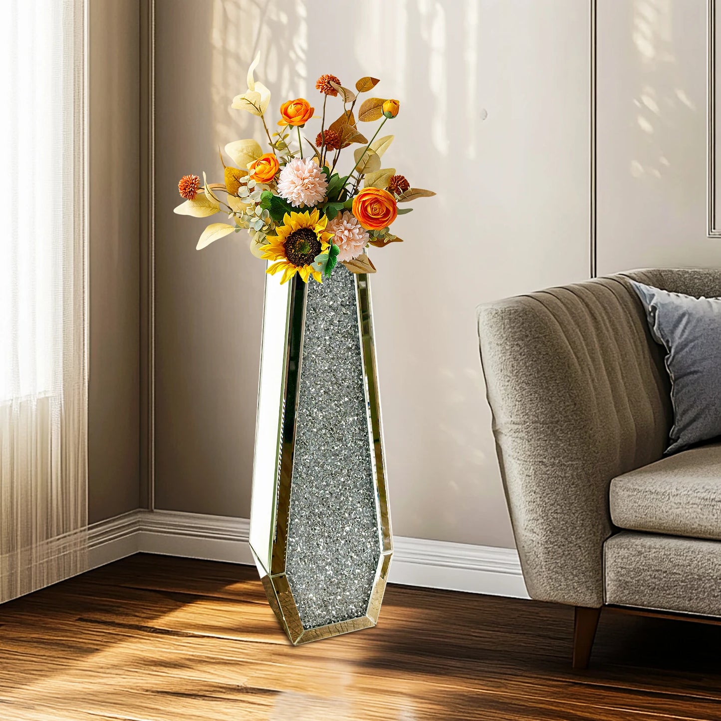 Crushed Diamond Mirrored Floor Vase Glass For Pampas Grass